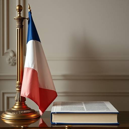 A bandeira da Franäa ao lado de um livro de francês, evocando a cultura e a elegância da língua francesa.