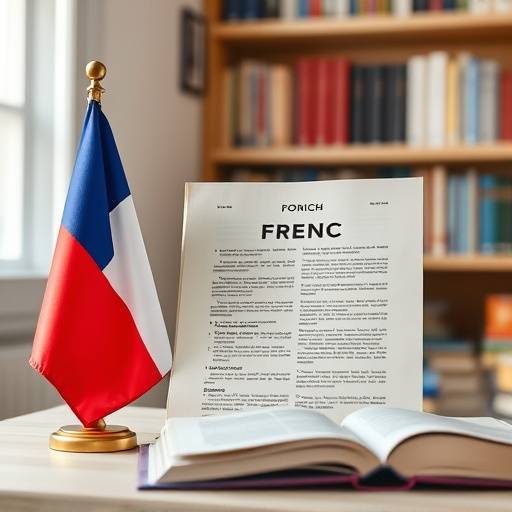 A bandeira da Franäa ao lado de um livro de francês, representando um curso de francês cultural e linguístico.