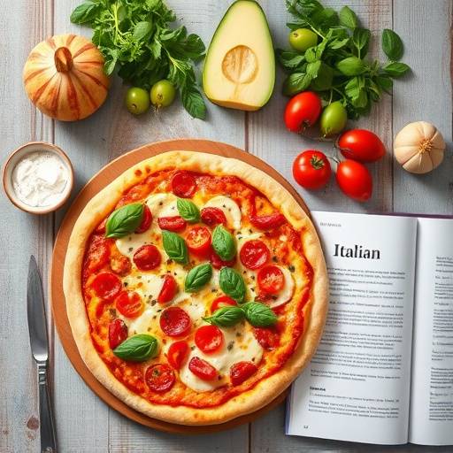 Ingredientes para pizza e um livro de receitas em italiano, representando um curso de italiano focado na culinária.