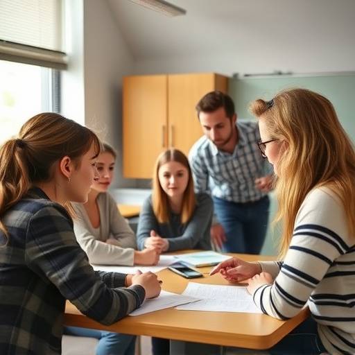 Um grupo de estudantes aprendendo alemão com o auxílio de um professor.