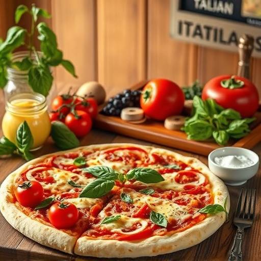 Uma mesa com ingredientes para pizza e um livro de receitas em italiano.